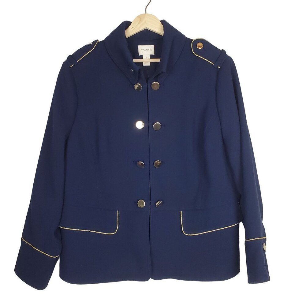 Chico's Military Jacket Size 3P US 16‎ Petite Navy Blue Gold Piping Hook & Eye